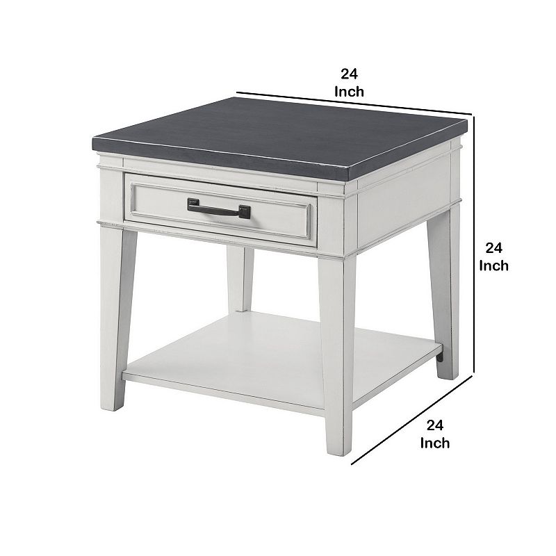 24 Inch Square End Table with 1 Drawer， White and Gray