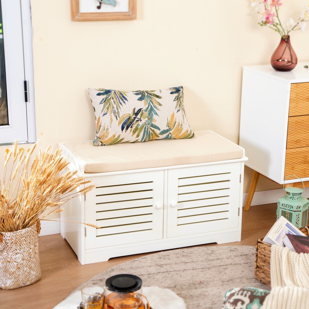 Wood Entryway Cushioned Shoe Bench with Storage Cabinet