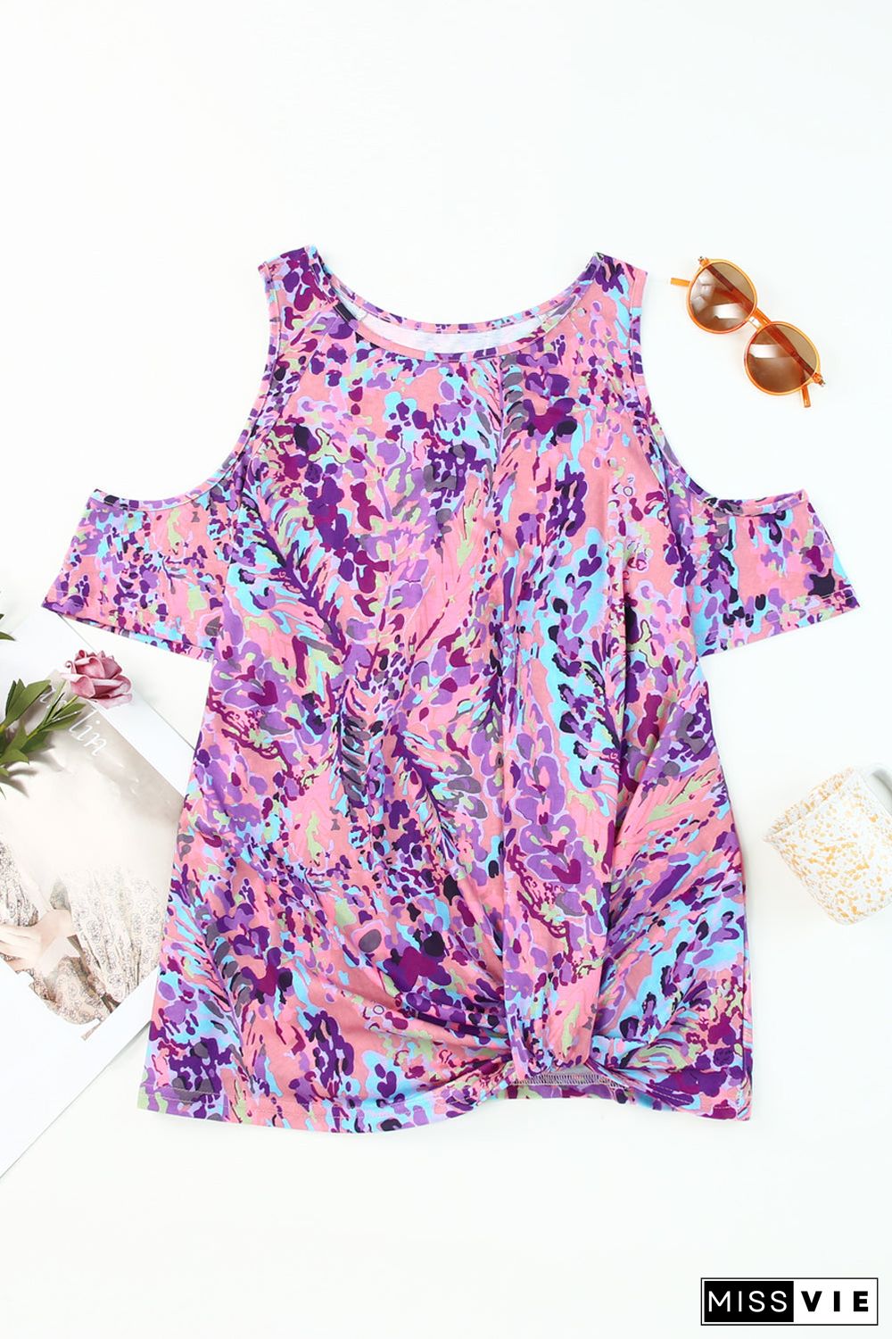 Multicolor Lavender Floral Print Cold Shoulder Blouse