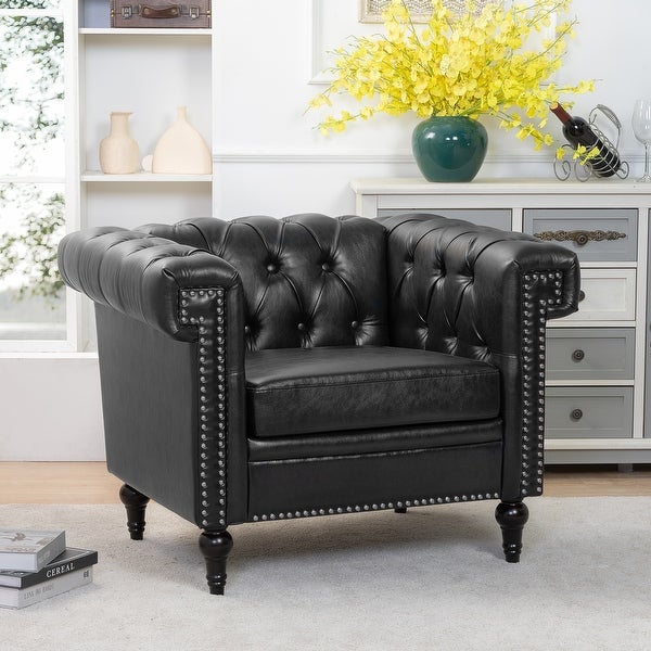 Livingroom Accent Chair， 1 Seater PU Cover Sofa Armchairs Rolled Arms Chairs Lounge Chairs with Nailheads， for Bedroom， Black