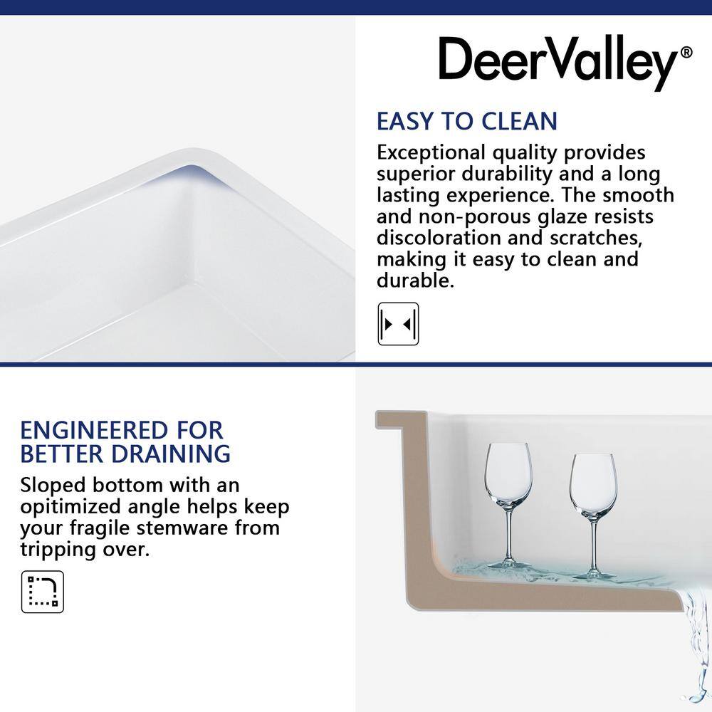 DEERVALLEY Glen White Fireclay Rectangular 27 in. Single Bowl Undermount Kitchen Sink with Bottom Grid and Basket Strainer DV-1K509