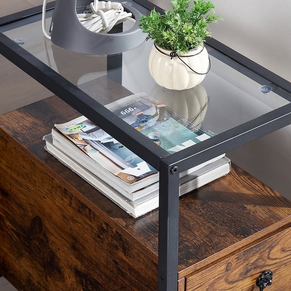 VECELO 2-Drawer Modern Narrow End Table with Glass Top