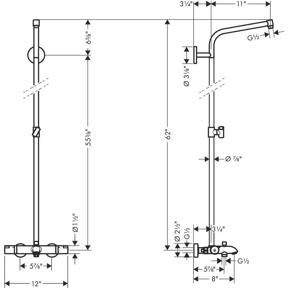 Hansgrohe Crometta E Exposed Showerpipe Wall Bar with Tub Filler in Chrome 04869000