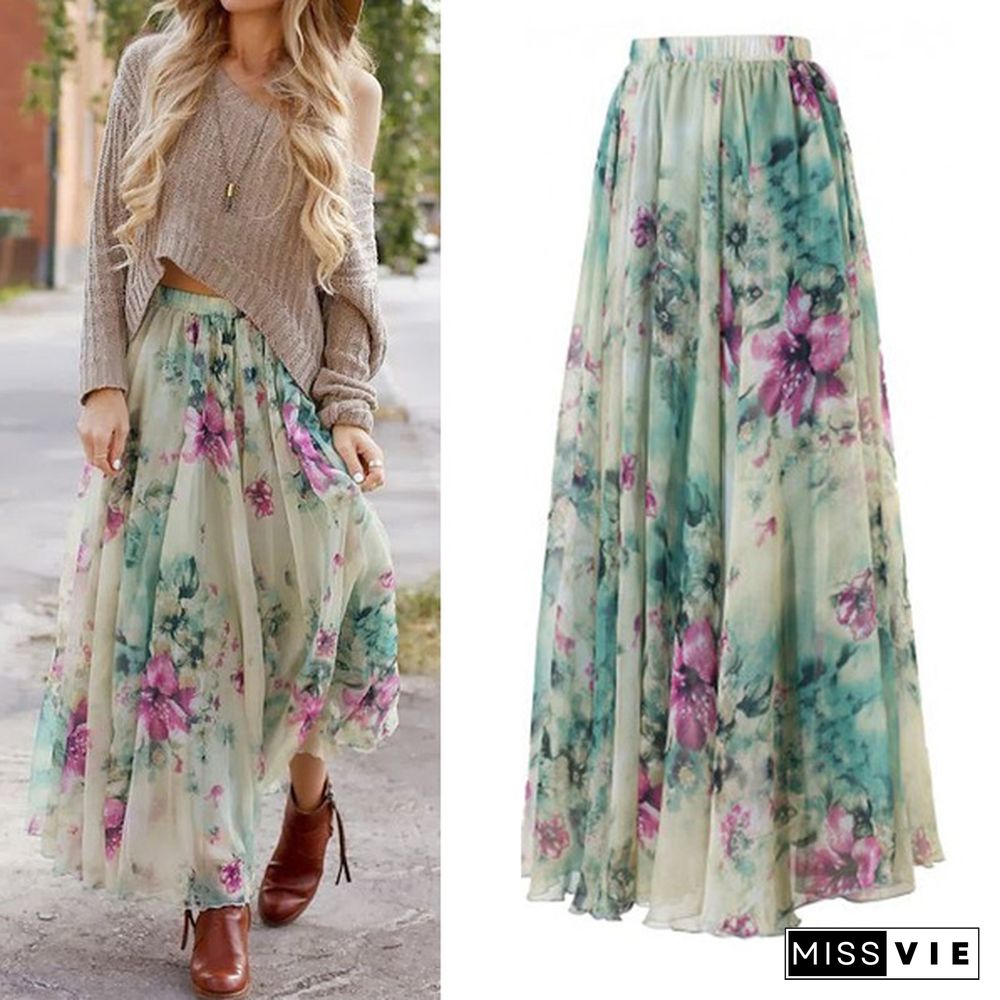 Women Floral Print Jersey Gypsy Long Maxi Skirt Summer Beach Sundress Beach