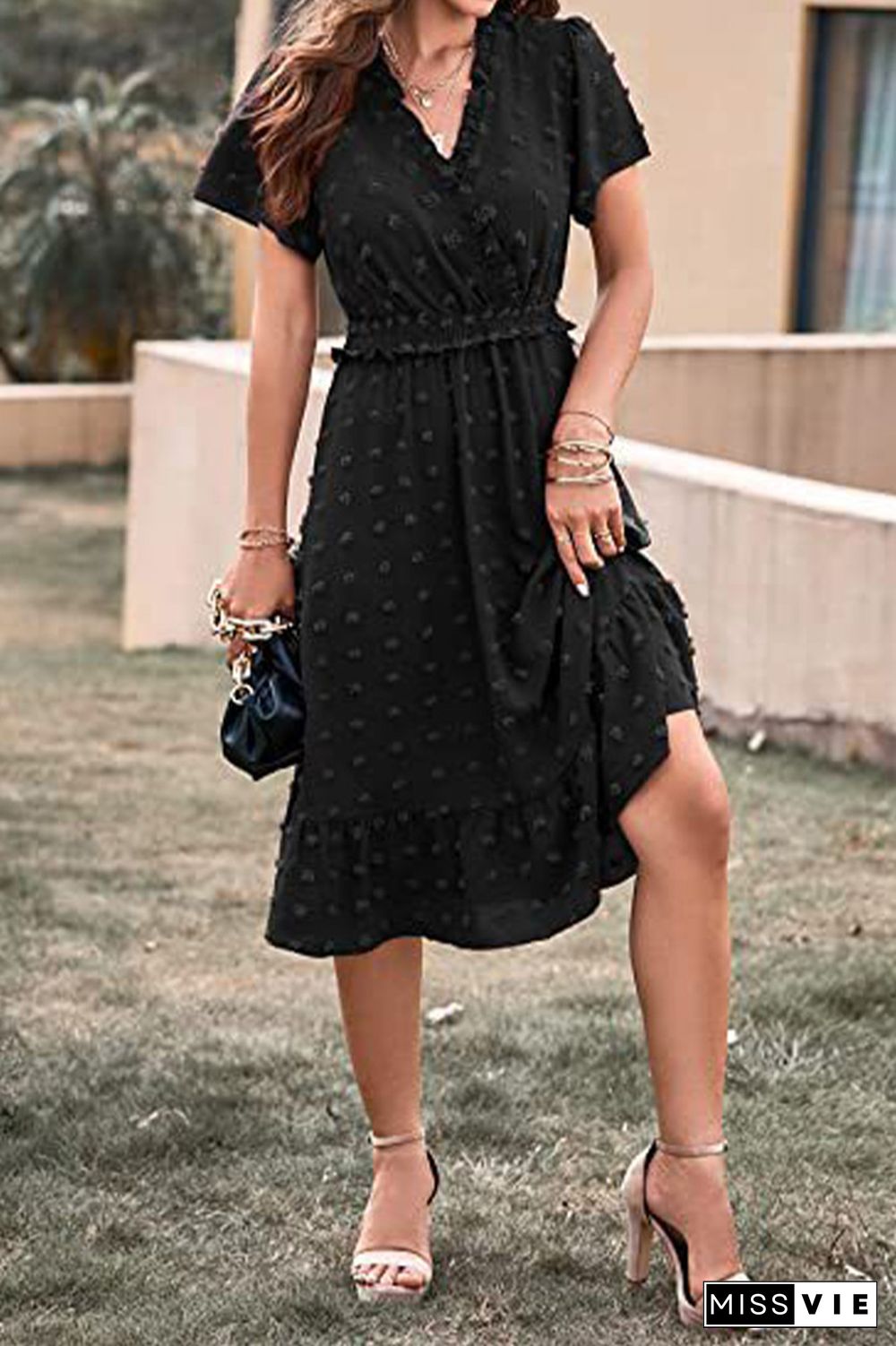 Plain Jacquard Spot V Neck Frilled Midi Dress