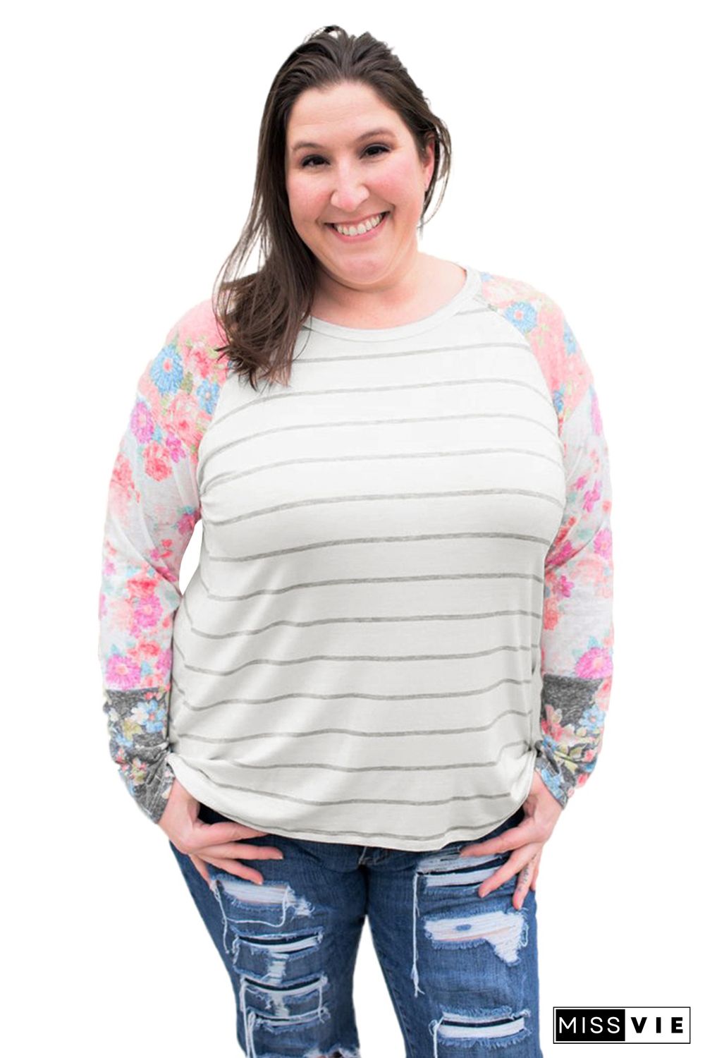 Stripe Print Plus Size Floral Long Sleeve Top