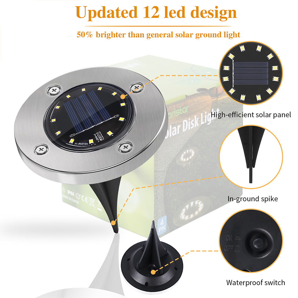 8 LED Inground Solar Light， 4 Pack Solar Ground Light， Waterproof Disk Lights， Warm White