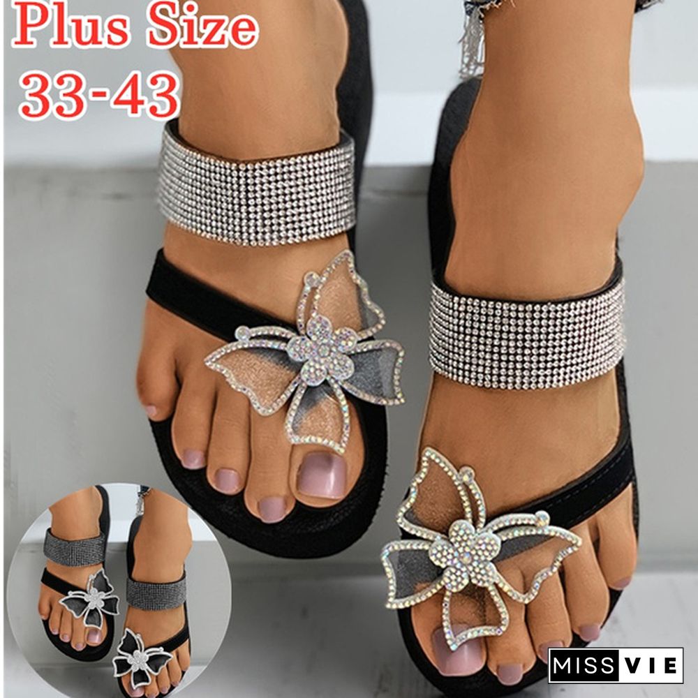 Summer Women Fashion Platform Slippers Rhinestone Diamond Casual Sandals Beach Flat Flip Flops Bling Bling Slippers Beach Sandals Plus Size 35-43