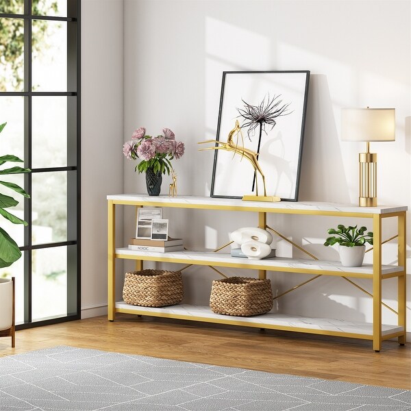 Brown Industrial Extra Long Console Sofa Table，White/ Gold 3 Tiers TV Stand