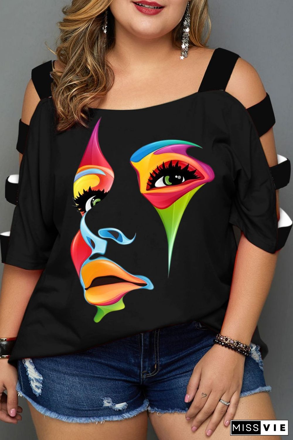 Plus Size Black Yellow Casual Print Hollowed Out Patchwork O Neck T-Shirts