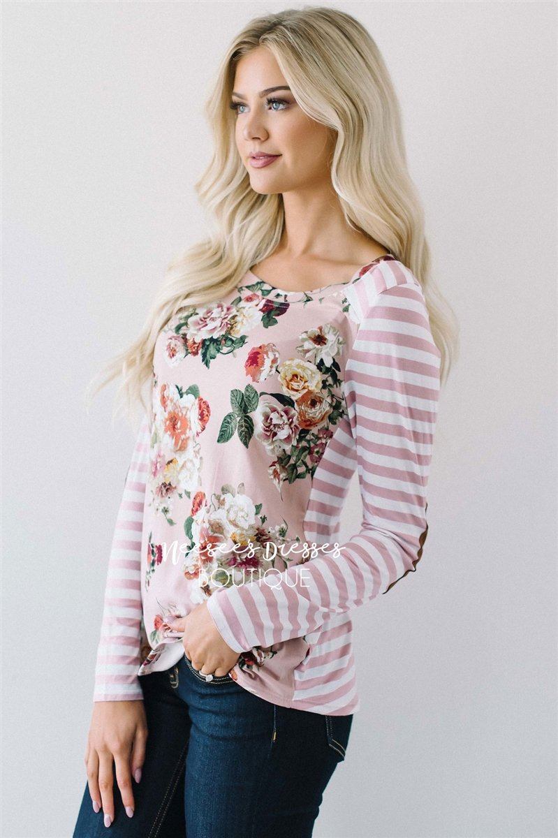 Pink Stripes & Floral Elbow Patch Top