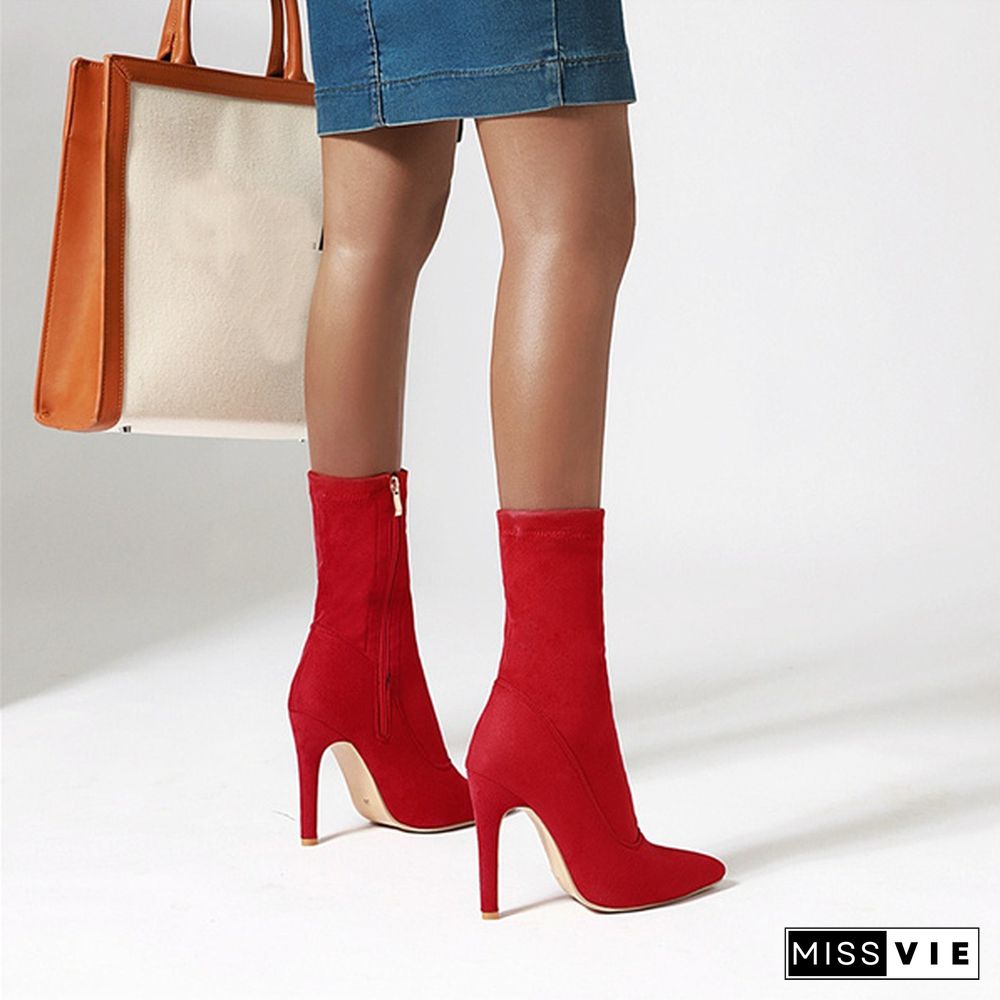 Autumn Ankle Boots Women Zipper Stiletto Heels Short Boots Sexy Super High Heel Shoes Ladies Winter Red Large Size 32-48