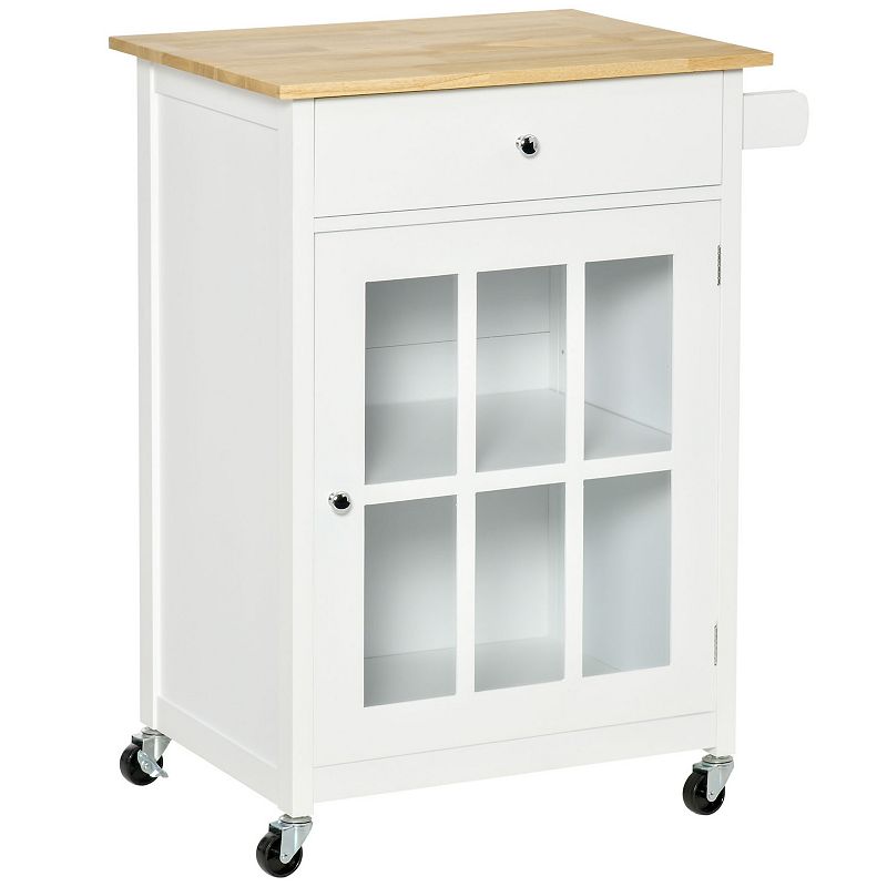 HOMCOM 27 Rolling Kitchen Island Cart with Drawer and Glass Door Cabinet Kitchen Trolley with Adjustable Shelf and Towel Rack White