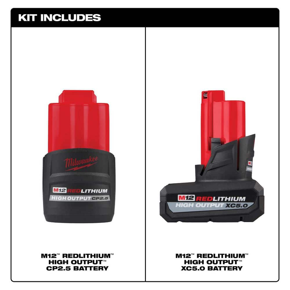 Milwaukee M12 12V Lithium-Ion XC High Output 5.0Ah Battery Pack W/High Output 2.5Ah Battery Pack 48-11-2452S