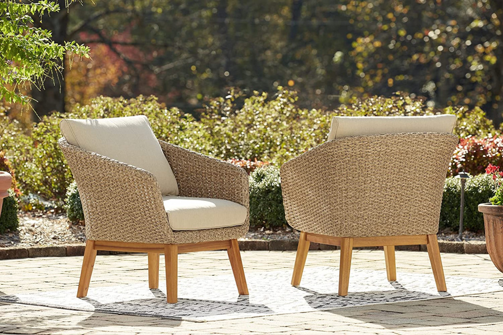 Set of 2 Outdoor Chair  Curved Wicker Back With Sloped Arms and Beige Cushions   Tropical   Outdoor Lounge Chairs   by Decor Love  Houzz