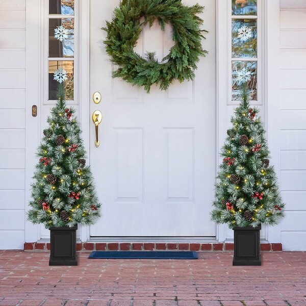 Glitzhome 4ft/5ft/6ft PreLit Pine Artificial Christmas Porch Tree with Decorative Urn Pot