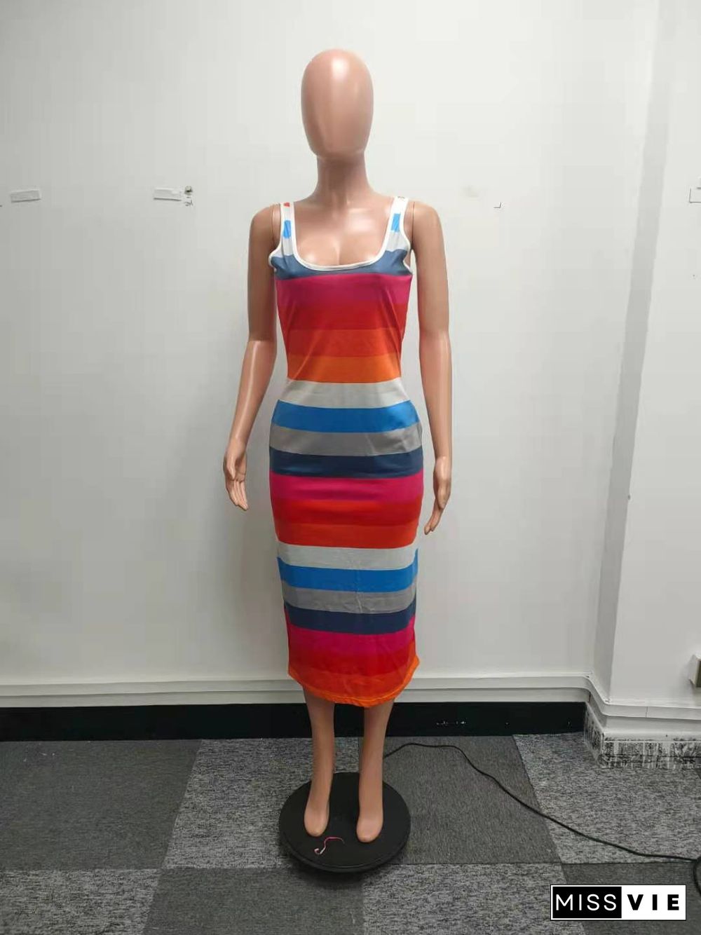 Summer Contrast Color Striped Sleeveless Bodycon Long Dress