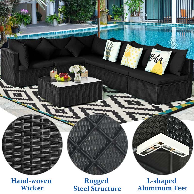 7 Pcs Rattan Patio Furniture Sectional Sofa Set Outdoor Wicker Conversation Set with Back & Seat Cushions Pillows