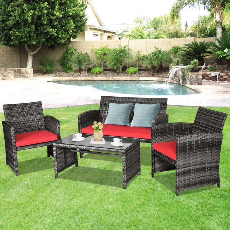 4 Pcs Rattan Wicker Patio Furniture Sets, Outdoor Conversation Sets with Loveseat, Table, Single Sofas