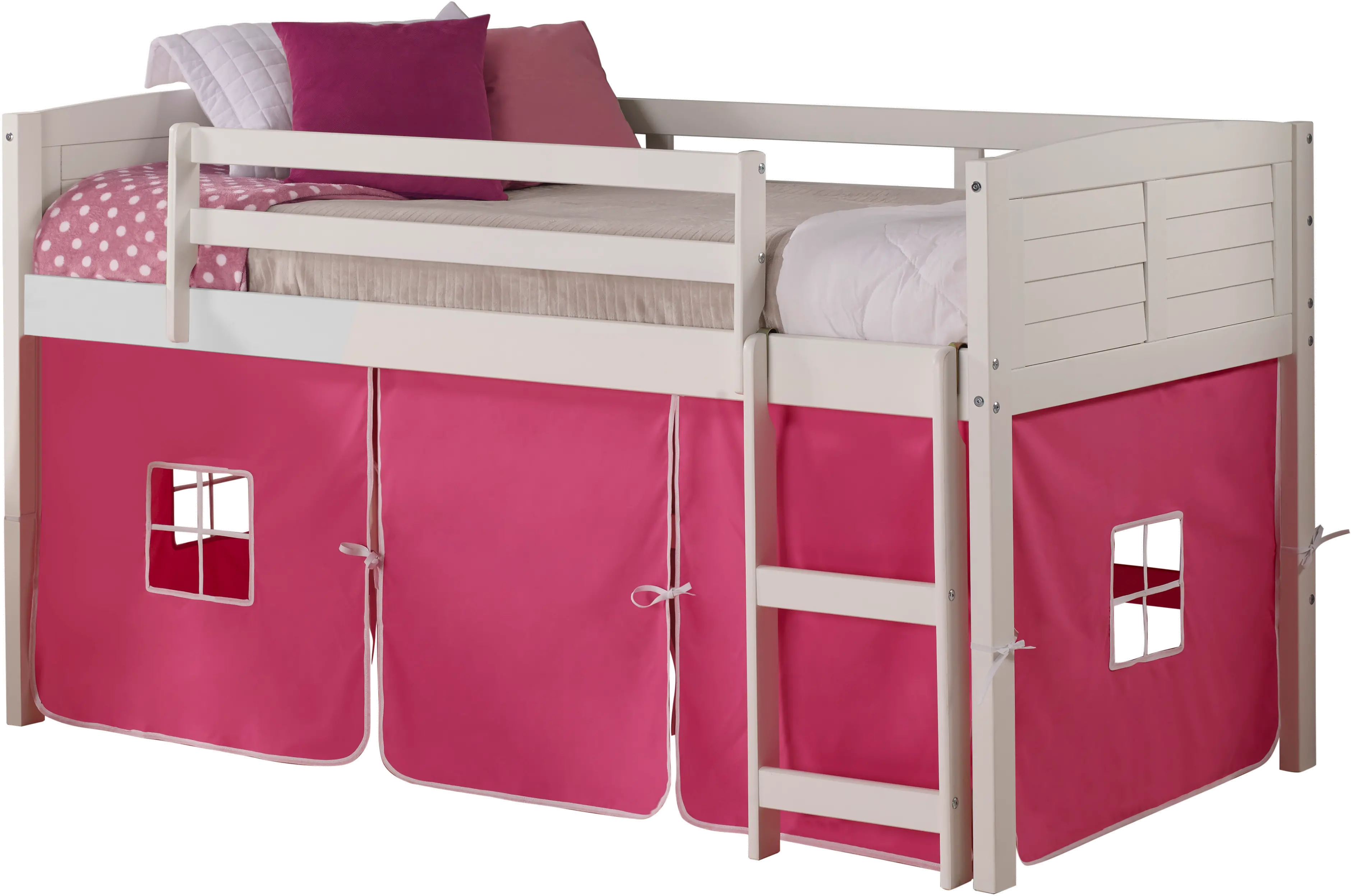 Louver White Twin Loft Bed with Pink Tent