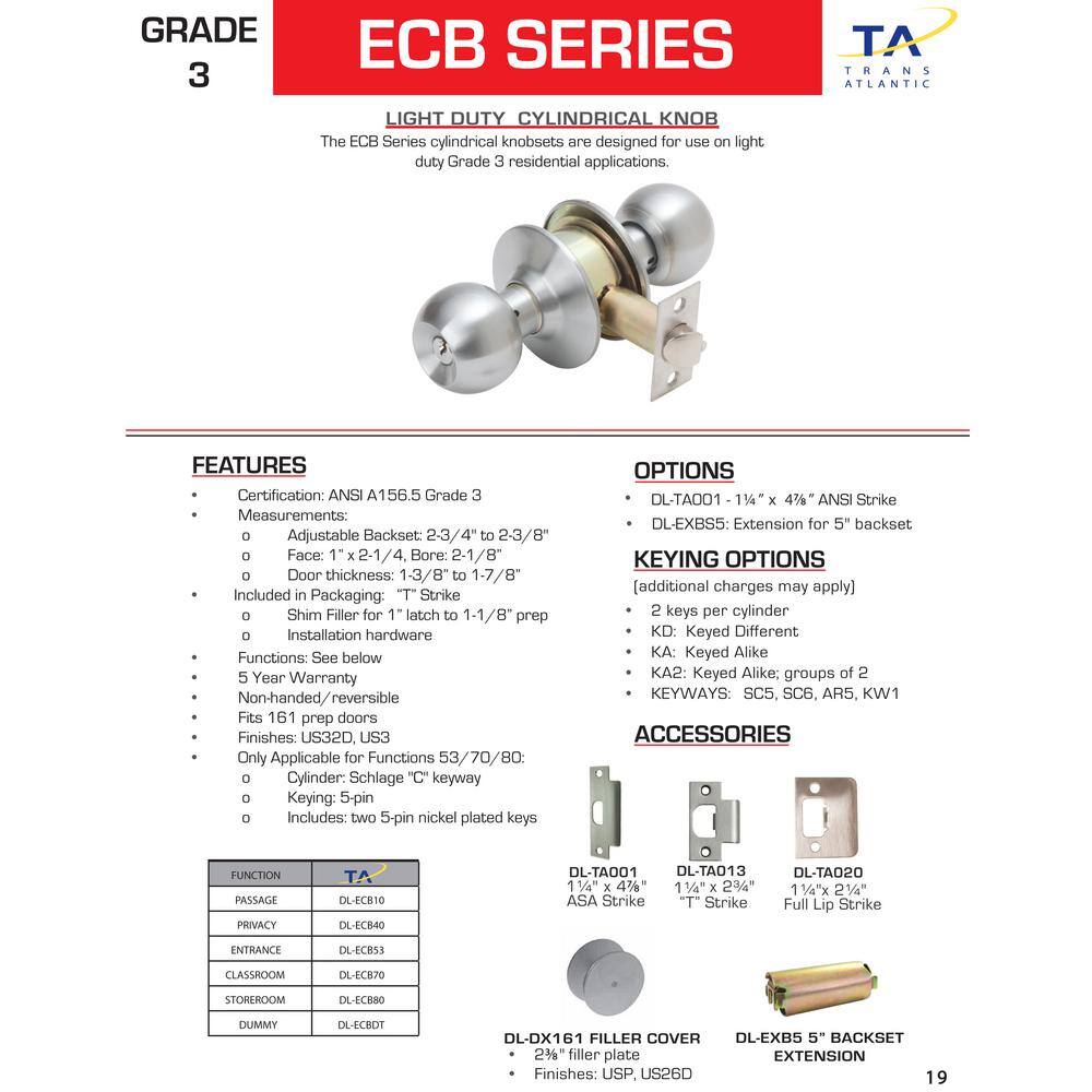 Taco ECB Satin Stainless Steel Grade 3 Cylindrical Entry Door Knob 2-34in Backset Lockset and Single Cylinder Deadbolt Combo DL-ECB53S234DB251-US32D