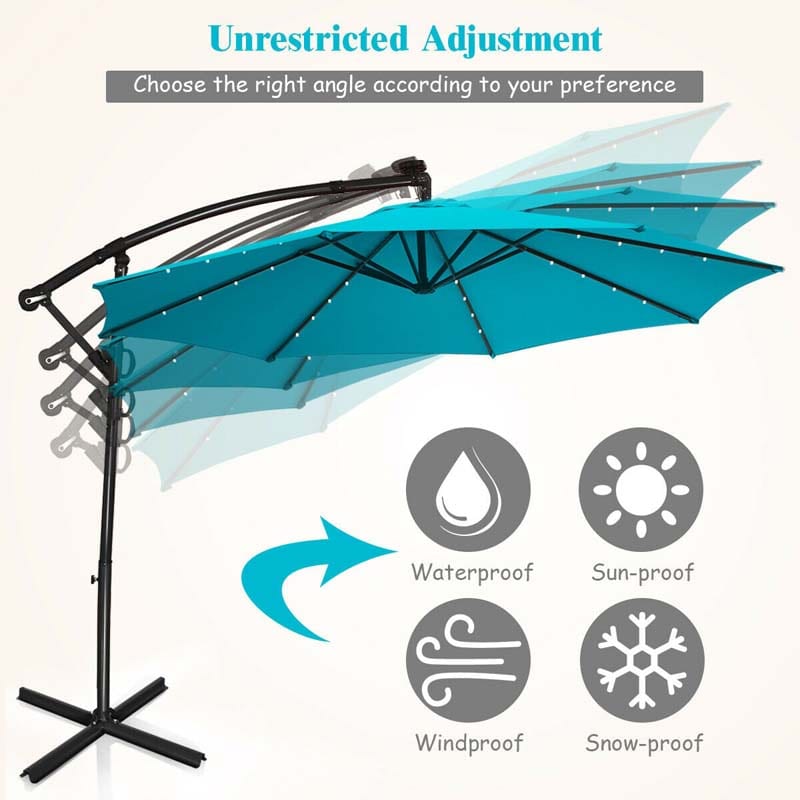 10 FT Patio Offset Umbrella with Solar Lights 360° Rotation Outdoor Market Umbrella with Crank Handle & Cross Base