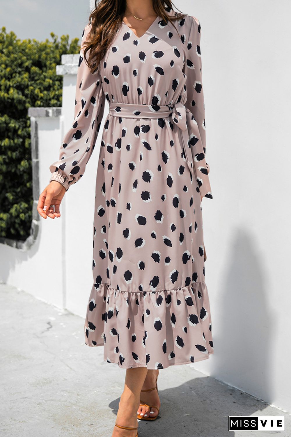 Dot Full Printed Longsleeves Split Lace-up Dress Wholesale