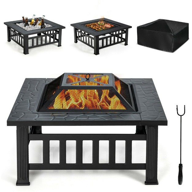 Costway 32 x27 x27 3 In 1 Outdoor Square Fire Pit Table W Bbq Grill Rain Cover For Camping