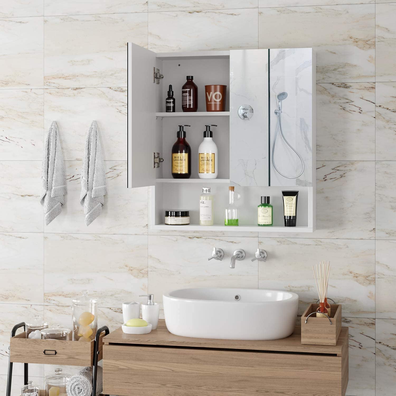 Homfa Medicine Cabinet with Shelf, 2 Door Wall Mount Storage Mirror Cabinet for Bathroom, White