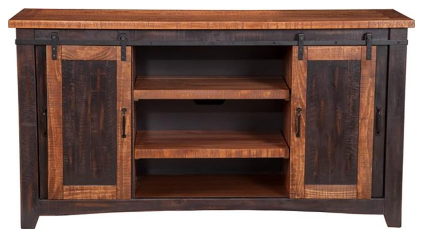 Bowery Hill Modern 65 quotSolid Wood TV Stand Antique Black and Honey   Rustic   Entertainment Centers And Tv Stands   by Homesquare  Houzz