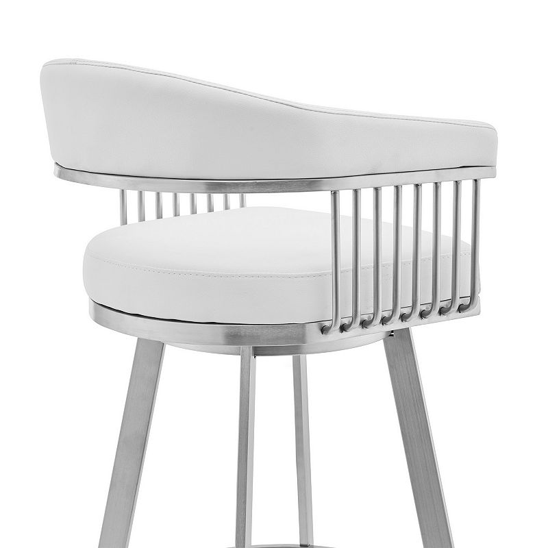 Swivel Barstool with Open Design Metal Frame and Slatted Arms， White and Silver