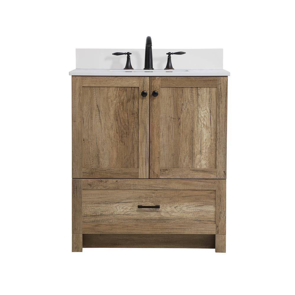 Timeless Home 30 in. W Single Bath Vanity in Natural Oak with Marble Vanity Top in White and Basin with Backsplash TH56630natBS