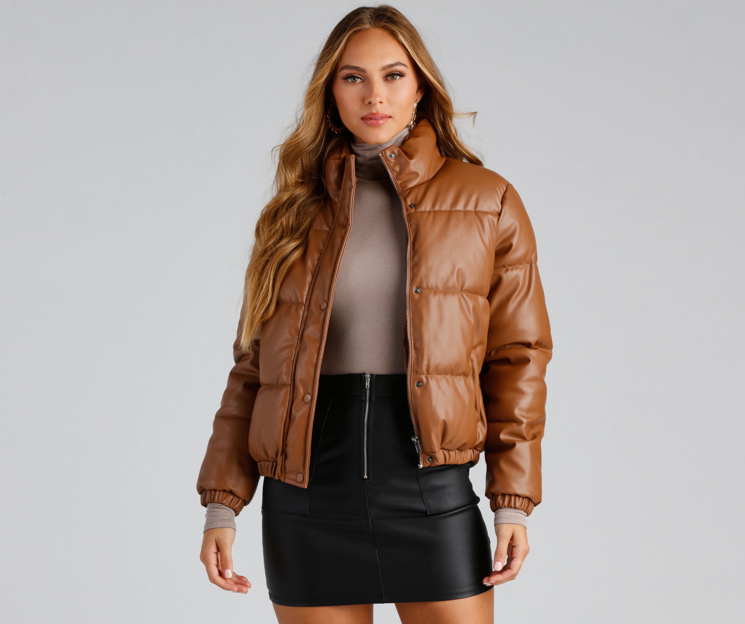 Stylish Edge Faux Leather Puffer Jacket