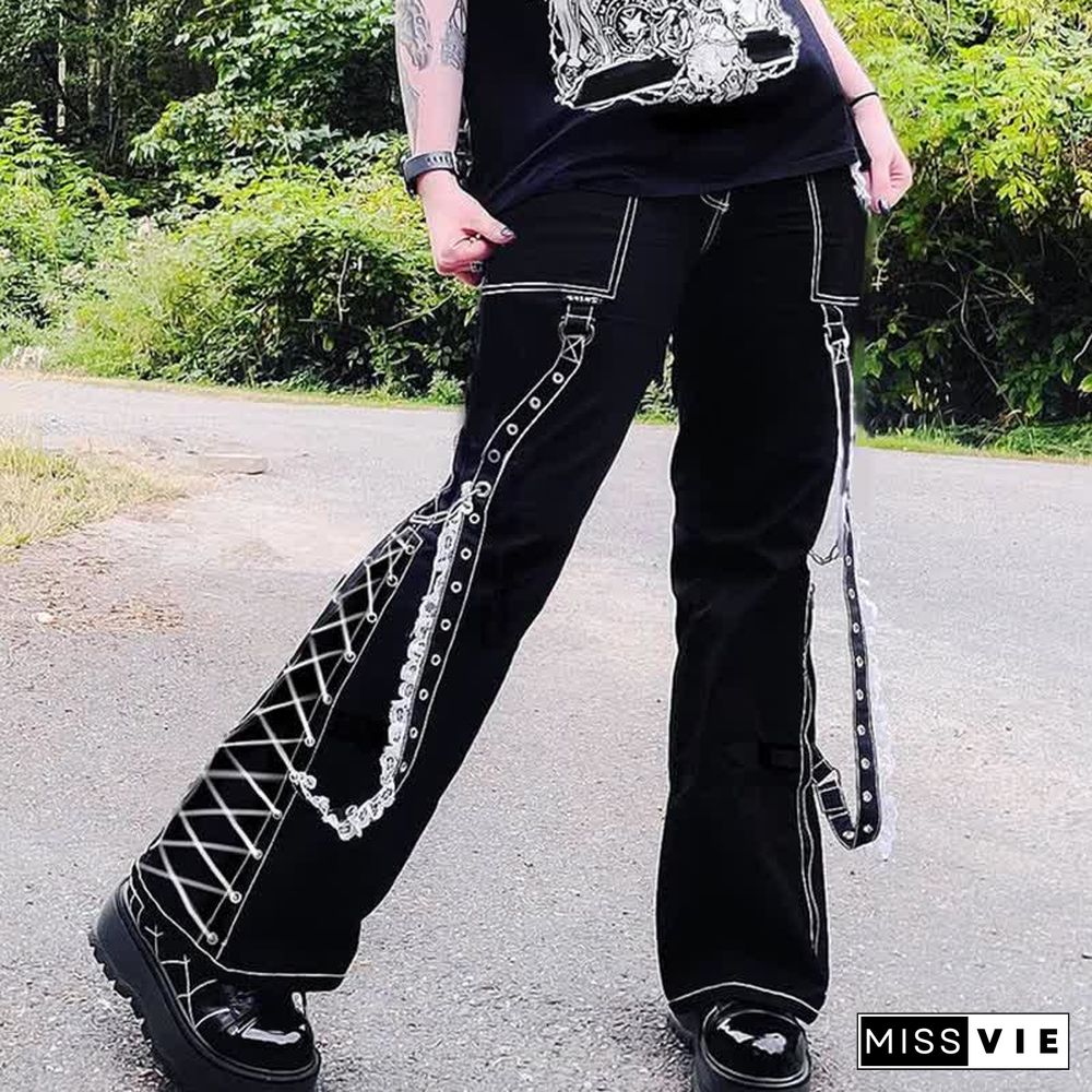 Gothic Bandage Lace Up Straight Baggy Denim  Pants