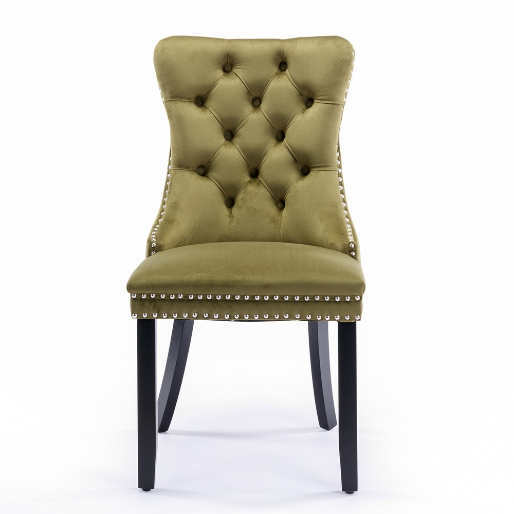 2 Piece Luxury Tufted Velvet Dining Chairs with Wood Legs   Nailhead Trim