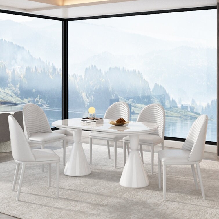 Modern extendable 67'' to 94.5'' Kitchen Table White sintered Stone Table top for 6 10 People(1 Table 6 White Chairs)