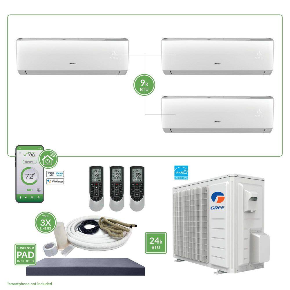 GREE Gen3 Smart Home 24000 BTU 2-Ton Triple-Zone Ductless Mini Split Air Conditioner with Heat Inverter Remote 208-230 V MULTI24VIR310HP