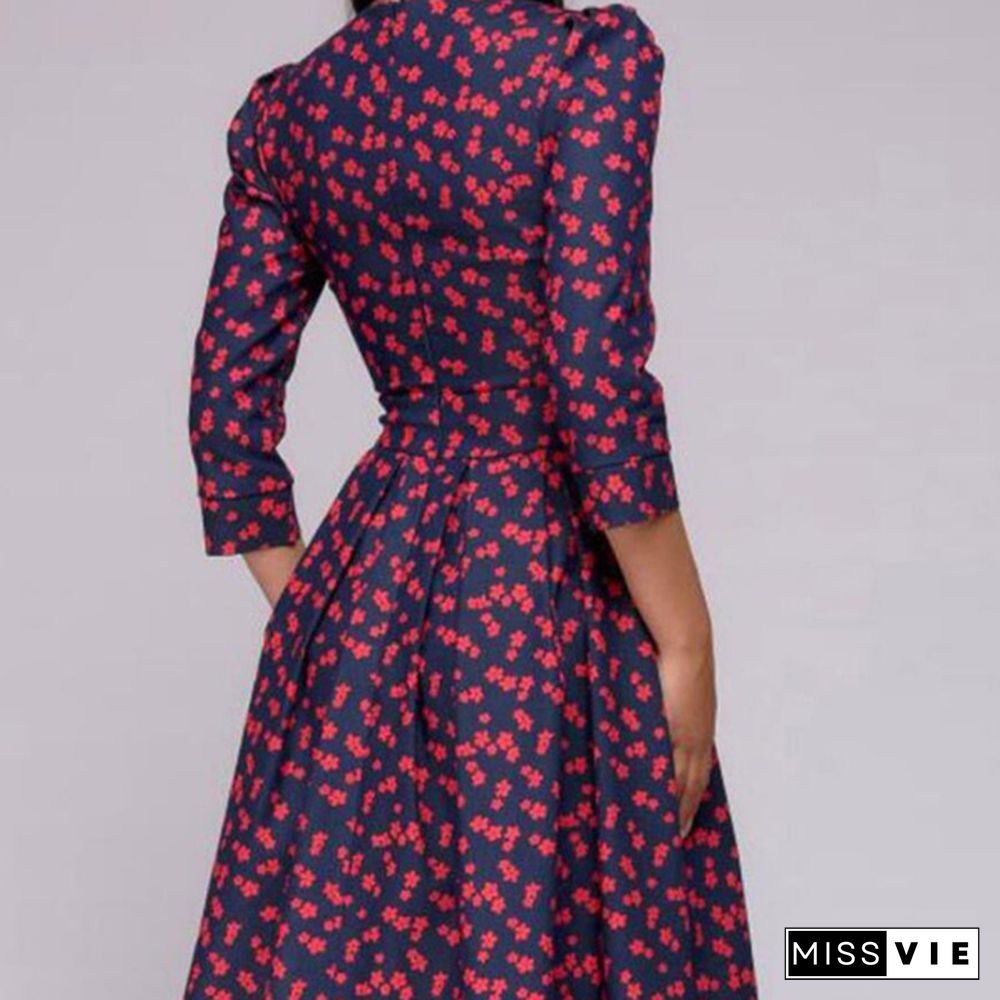 Vintage Floral Party Dress 3/4 Sleeve Fashion Women Swing Midi Dress