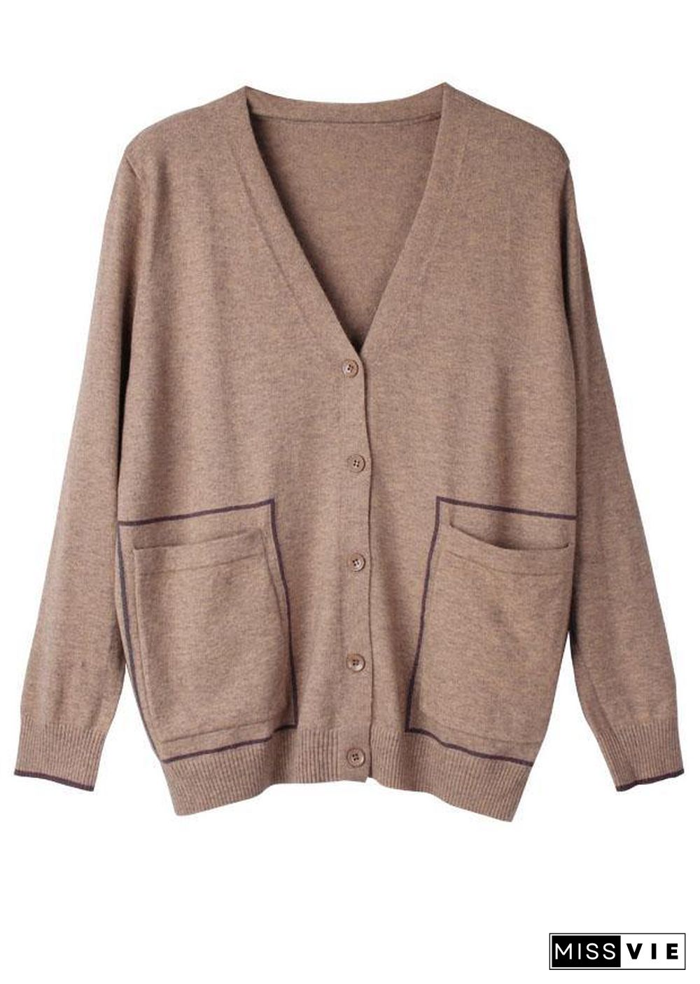 Italian Khaki V NeckPockets Spring Cardigan Long sleeve