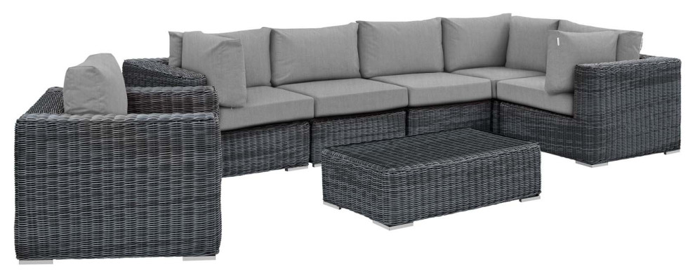 Summon 7 Piece Outdoor Wicker Rattan Sunbrella Sectional Set   Tropical   Outdoor Lounge Sets   by Homesquare  Houzz