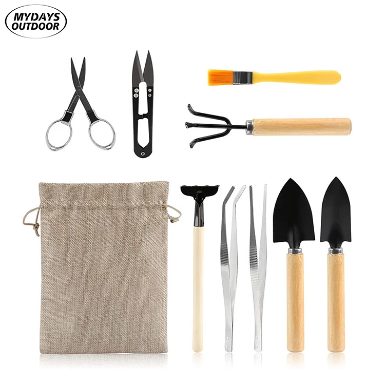 Gardening Basic Bonsai 10pcs Hand Tools Set with Shovels Rakes Fork Scissor Cleaning Brush