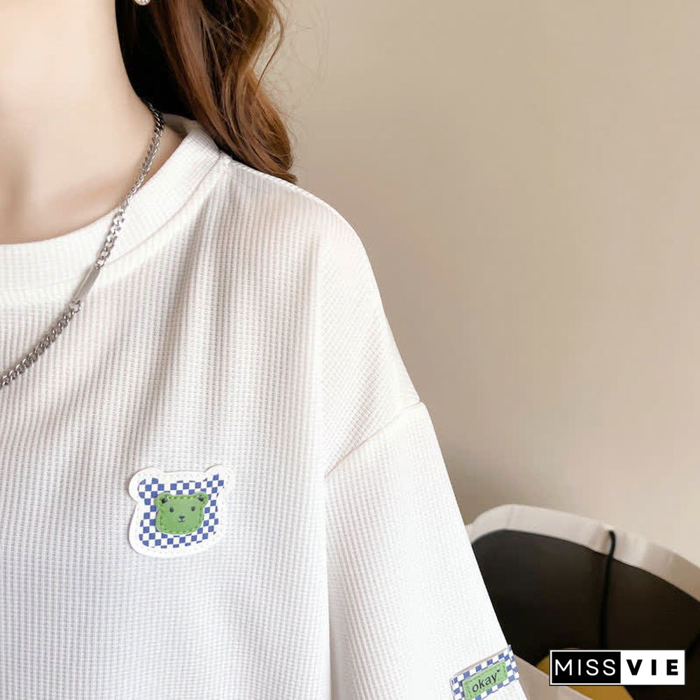 Loose Bear Embroidery Waffle Round Collar T-Shirt