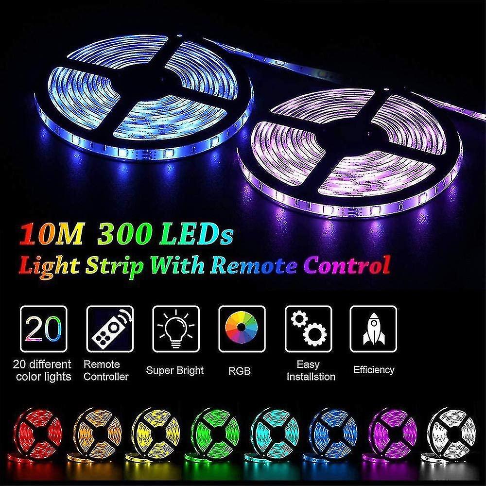 Rgb Led Strip Light， 10m Led Strip With 300 Led Light， Waterproof Ip65 Remote Control Self-adhesive