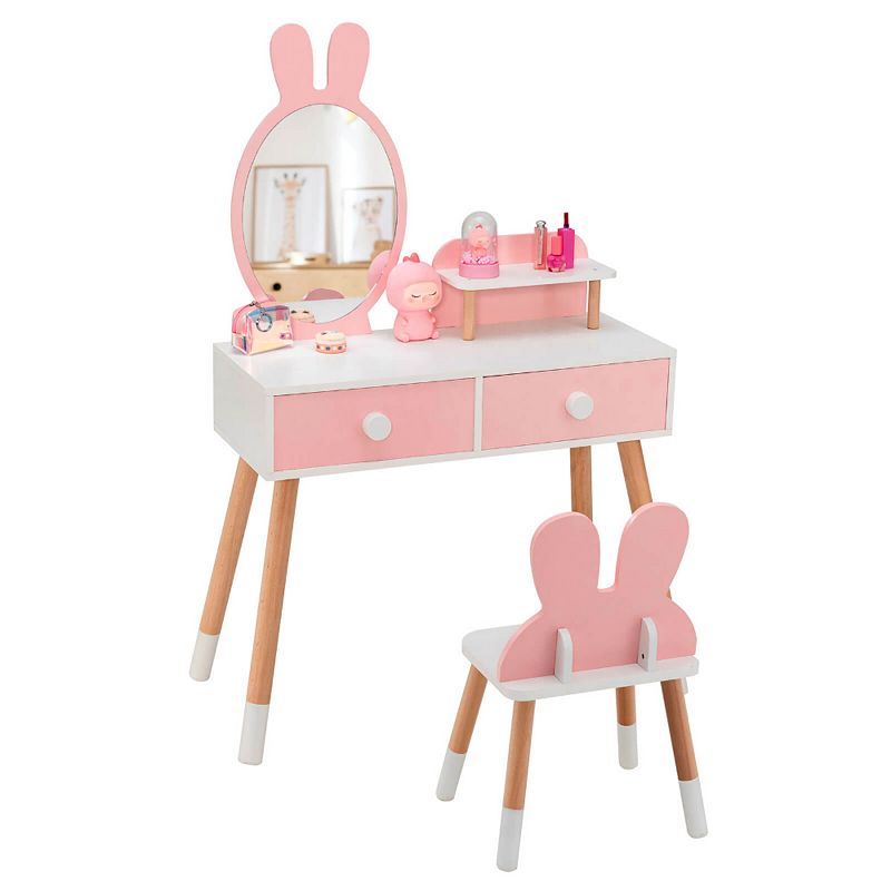 Kids Vanity Table and Chair Set with Drawer Shelf and Rabbit Mirror