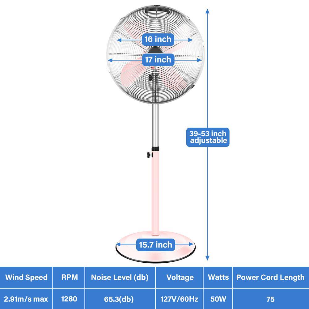 16 in. 3 Fan Speeds Pedistal Fan in Pink with Adjustable Heights 16IGHDB2