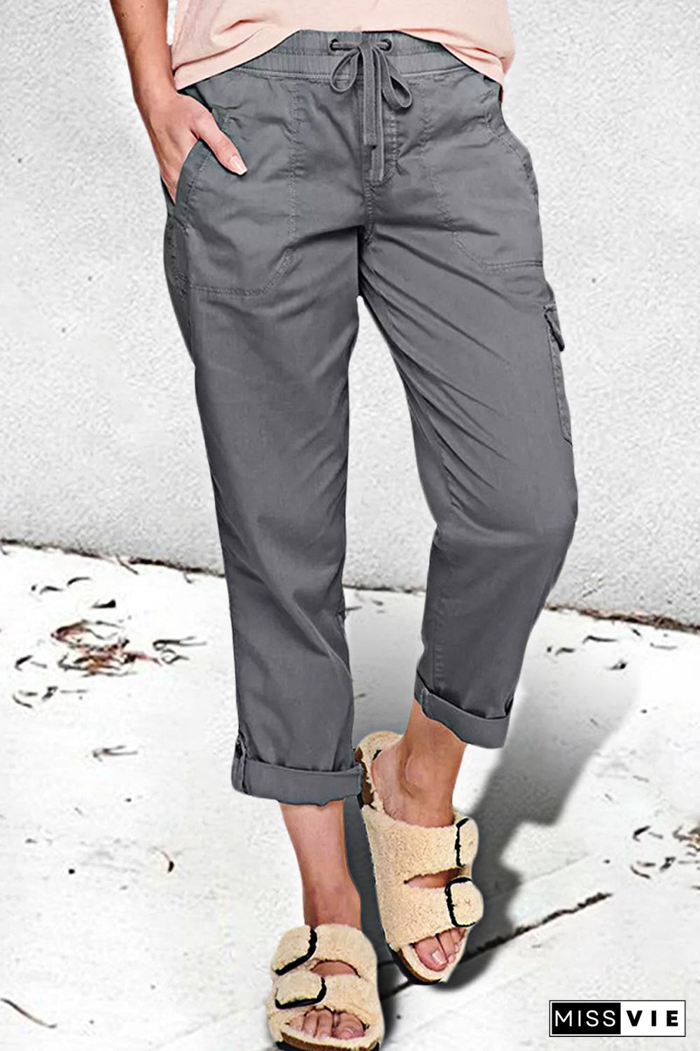 Solid Drawstring Roll Hem Flap Pocket Pants