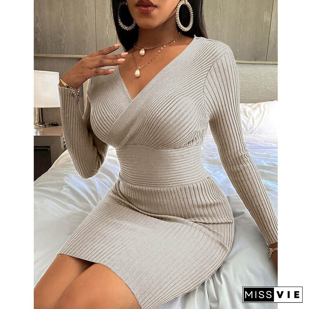 Casual V Neck Long Sleeve Bodycon Sweater Mini Dress