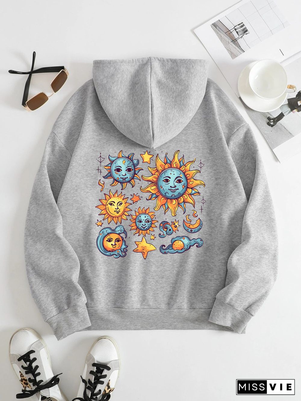 Printed on the Back Kangaroo Pocket Hoodie Long Sleeve for Women Pattern Sun and Moon Painting