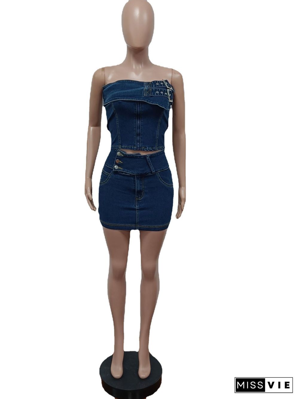 Strapless Crop Top Mini Skirt Denim Two Piece Set