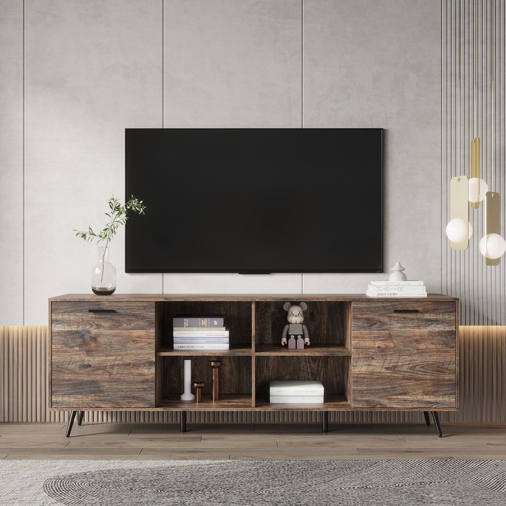 TV Stand Media Entertainment Center Mid Century Modern TV Console Table with Storage Cabinet Doors for Living Room